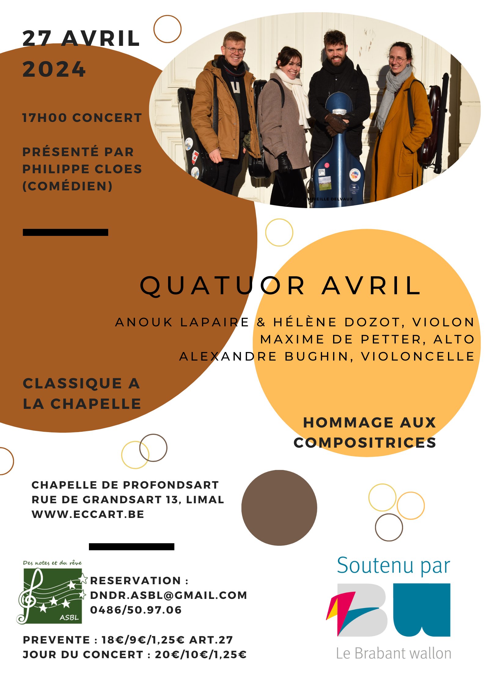 Quatuor Avril (A.Lapaire, H.Dozot, M.De Petter, A.Bughin) – Hommage aux compositrices - Présentation Ph.Cloes (comédien)