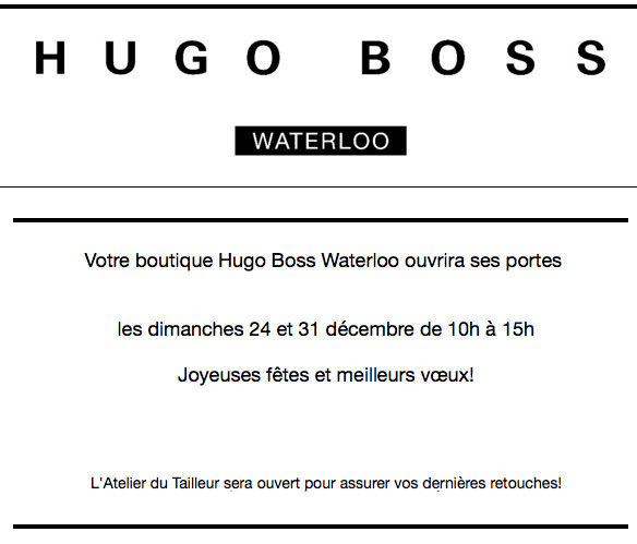 Hugo Boss Waterloo : Ouvert ces dimanches de fin d'année !