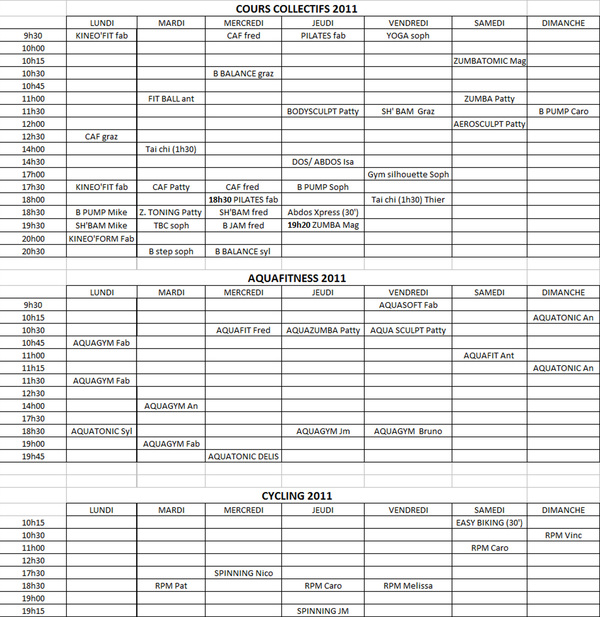 Nouvelles grilles horaires de cours collectifs à Kineo Limelette.