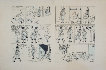 Double planche de la version noir et blanc  du Sceptre d'Ottokar (1939), reprend donc un moment crucial de l'histoire, celui où Tintin se précipite au château pour vérifier le bien-fondé de sa découverte. Encre de Chine noire, gouache blanche pour les remords et effets lumineux, rehauts d'aquarelle bleue pour les aplats, sur papier à dessin.