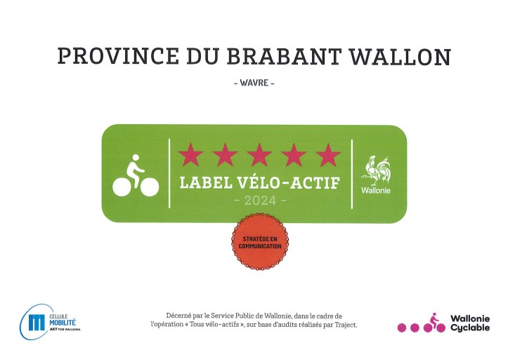 Le Brabant wallon décroche à nouveau le label « Vélo-actif » 5 étoiles Le Brabant wallon décroche à nouveau le label « Vélo-actif » 5 étoiles