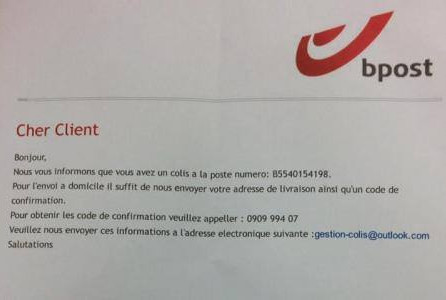 Attention ARNAQUE ! La police du Brabant wallon nous informe d'un FAUX E-MAIL AU NOM DE "BPOST"