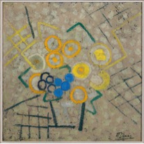 •	Marthe DONAS, Fleurs et raisins, 1956, Huile sur panneau d'unalit, 44 x 44 cm, Musée Marthe Donas